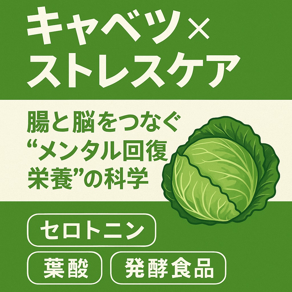 キャベツ×ストレスケア｜腸と脳をつなぐ“メンタル回復栄養”の科学」をテーマにしたイラスト。中央に瑞々しいキャベツと光を受けた脳のシルエットが描かれ、背景には乳酸菌や神経伝達のイメージを表す光の粒が漂う。ナチュラルなグリーンとホワイトのグラデーションで、癒しと安定を表現したデザイン。