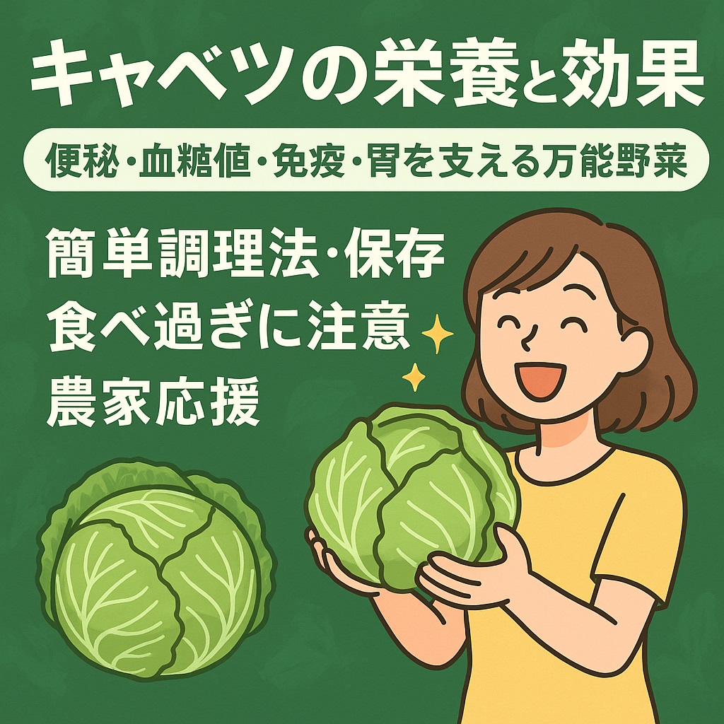緑の背景にキャベツの葉模様が描かれ、「キャベツの栄養と効果 便秘・血糖値・免疫・胃を支える万能野菜」と書かれたヘルスケア用アイキャッチ画像。キャベツを手に笑顔の女性と、調理法・保存・食べすぎ注意・農家応援の文字が並ぶイラスト。