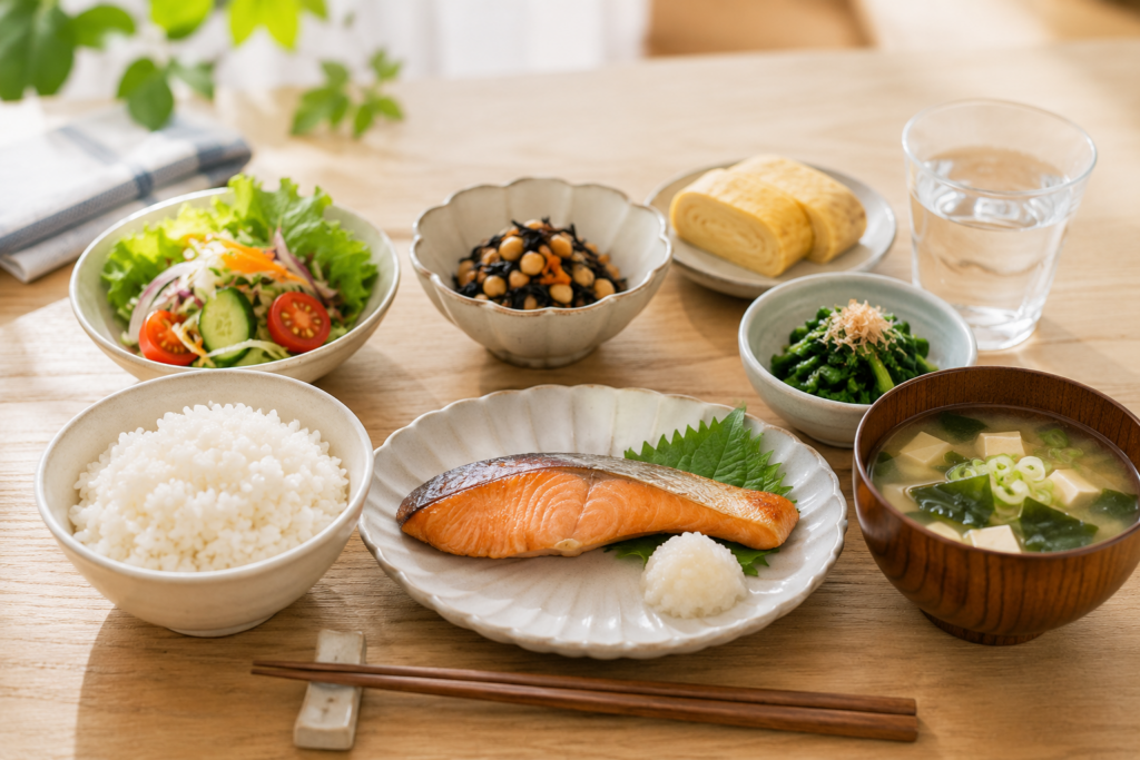 温かな和食の美しい朝食
