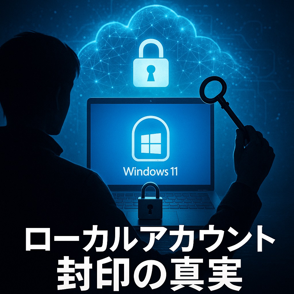 Windows 11でローカルアカウントが封印され、Microsoftアカウントが必須化される。クラウド統合の背景とユーザーへの影響を象徴する画像。青い光に包まれたPCと鍵のシルエット。