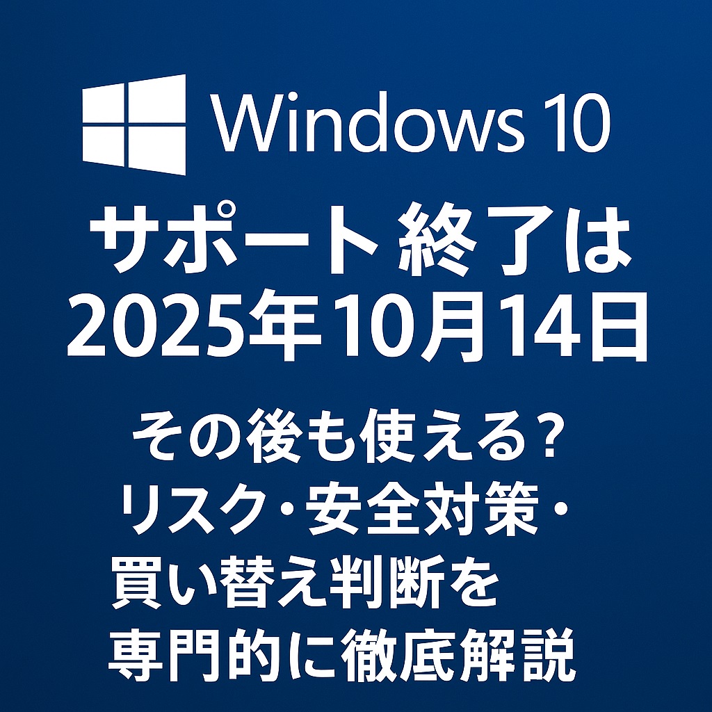 Windows10サポート終了を象徴するアイキャッチ画像。パソコン画面に“2025年10月14日 Support Ends”の文字が表示され、背後にWindowsのロゴとセキュリティ警告を示すシールドアイコンが浮かぶ構図。サポート終了の危機感と移行の必要性を視覚的に表現している。