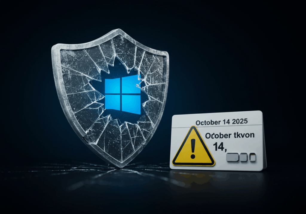 Windows10 support end and security risk illustration (cracked shield and warning sign)