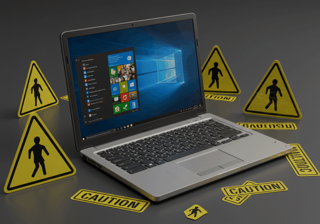Old Windows10 laptop used offline safely with warning signs
