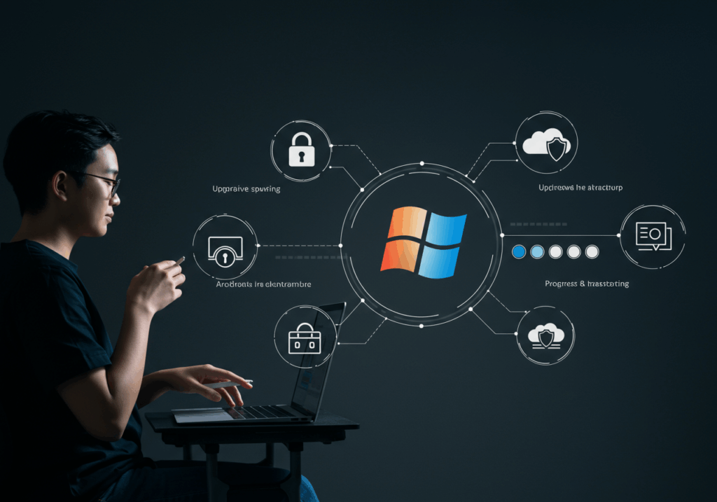 Windows upgrade and backup steps illustration showing safe PC transition