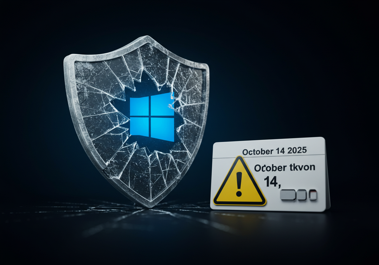 Windows10 support end and security risk illustration (cracked shield and warning sign)